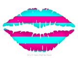 Psycho Stripes Neon Teal and Hot Pink - Kissing Lips Fabric Wall Skin Decal measures 24x15 inches